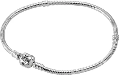 A silver Pandora Moments bracelet with a clasp featuring the PANDORA logo.