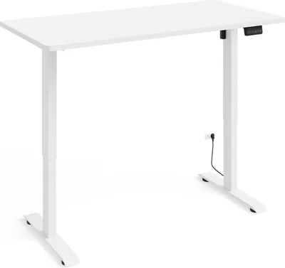 A white electric height-adjustable desk is shown against a white background.