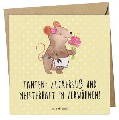 Produktbild von Mr. & Mrs. Panda Grußkarte Tante Zuckersüß - Gelb Pastell - Geschenk, Freude, Familie, Glückwunschkarte, anlasskarte, einzigartige Designs, Lächeln, Klappkarte, faltkarte