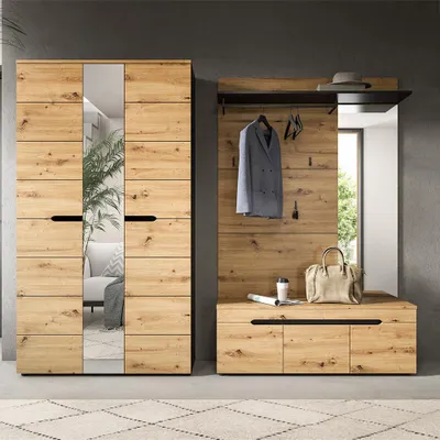 Produktbild von Garderoben-Set mit Garderobenschrank & Schuhbank in Eiche & Grau, 3-teilig - CORTANA-158