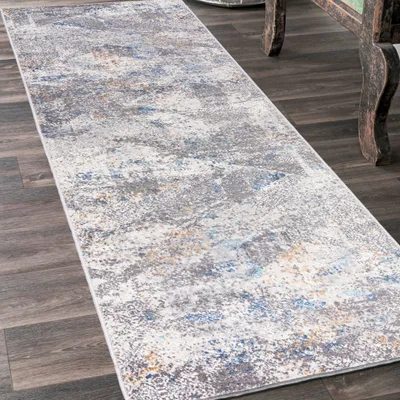 Produktbild von Teppichläufer 100 x 300 cm Grau Blau 2 Modern Läufer für Vorzimmer Eingangsbereich Schlafzimmer Küche Korridor Flur - Abstrakt Muster - G500B WHITE/D_BLUE