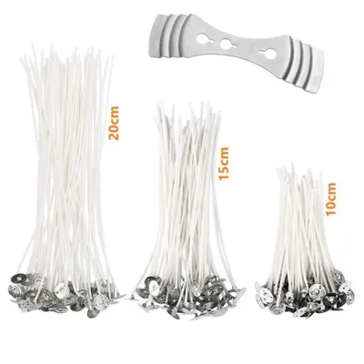Produktbild von 150 Stück Baumwoll Kerzendochte 10 cm, 15 cm & 20 cm mit Metallfuß und Dochthalter, rund, rauchfrei, für DIY Kerzenherstellung
