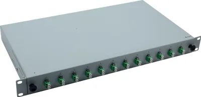 Produktbild von helos LWL 19" Spleissbox 12 x LC/APC Duplex OS2, spleißfertig, grau