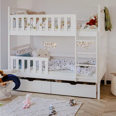 Produktbild von Hochbett 80x180 mit 2 Schubladen Etagenbett mit Rausfallschutz und Lattenrost, umbaubar in zwei Kinderbetten, aus Vollholz massiv in weiß, Funktionsbett