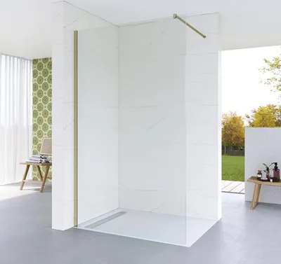 Produktbild von Walk in Dusche 120 cm Duschwand Gold gebürstet Duschabtrennung Glas Höhe 200 cm 8 mm Nano ESG Glas inkl. 100 cm Stabilisator
