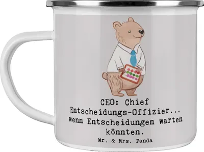 Produktbild von Mr. & Mrs. Panda Blechtasse CEO Entscheidungen - Grau Pastell - Geschenk, Emaille Tasse, Berufsalltag, Haferl, Beruf, Humor, Geschenke für Berufstätige, personalisierte
