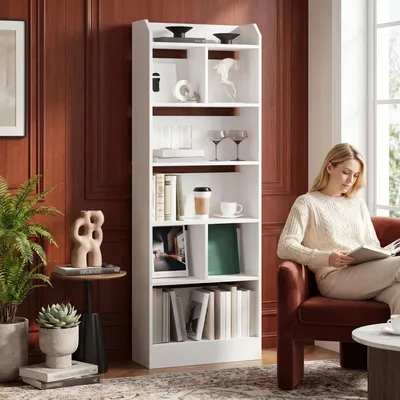 Produktbild von Bücherregal mit 6 Fächern, 24 x 60 x 170 cm, Weiß | Bücherschrank, Standregal, Aufbewahrungsregal, für Wohnzimmer Büro Schlafzimmer