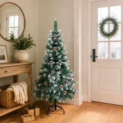 Produktbild von Eikuavons Künstlicher Weihnachtsbaum 150 cm Grün mit 20 Tannenzapfen und Schnee-Effekt, 300 Zweigspitzen, PVC, Metallständer