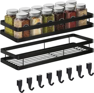 Zdjęcie produktu dla Metalowa półka na przyprawy, czarna, 2 poziomy, z 8 haczykami, wymiary: 35x12x5,7 cm