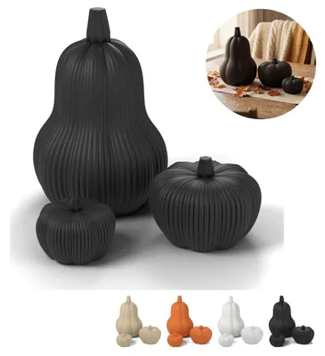Produktbild von Deko Kürbisse 3er Set Herbstdeko geriffelt matt unzerbrechlich Halloween – Schwarz