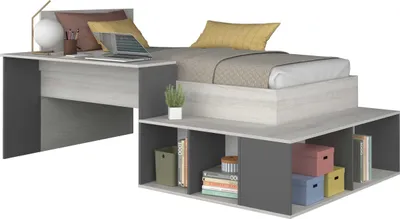 Produktbild von Bett Quinn 90x200 cm mit Schreibtisch und Stauraum - Kiefer/grau