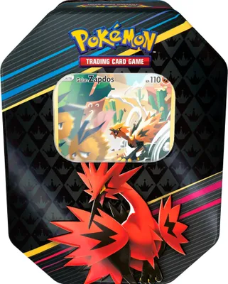 A tin featuring Pokemon characters and branding.