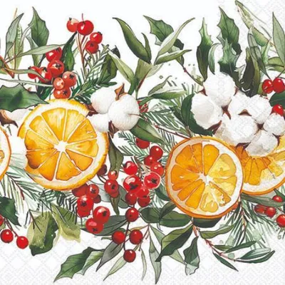 Produktbild von Weihnachten Servietten 25x25 cm 3-lagig 20 Stück Winter orangesMix  Orangen Ilex Weihnachtskranz
