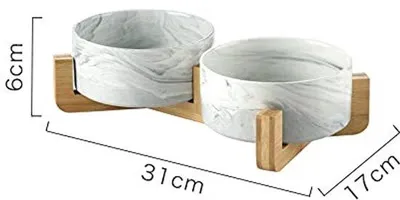 Productafbeelding van Keramische voerbakken voor honden met bamboe standaard, wit, 13,5 cm