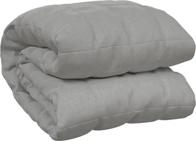 A folded gray weighted blanket.