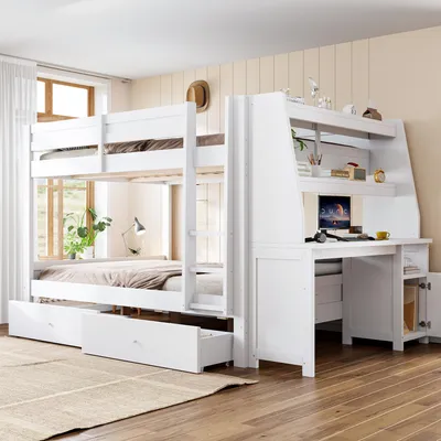 Produktbild von Merax Etagenbett 140x200 cm mit Schreibtisch und Schrank, Kinderbett mit Schubladen und Ablage, Holzbett mit Sicherheitsgeländer und Lattenrost, Weiß