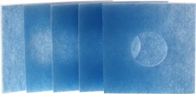 A stack of five blue air filters.