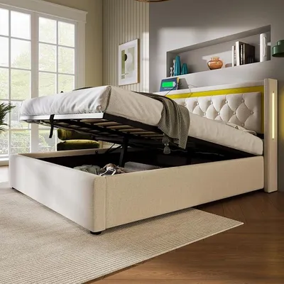 Productafbeelding van Boxspringbed 160x200 cm, tweepersoonsbed met opbergruimte en lattenbodem, LED hoofdeinde met USB-C oplaadfunctie, bed met opbergruimte, functioneel bed, rugleuning, bedframe (beige, zonder matras, 160x200 cm)