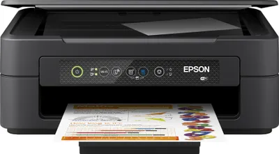 A black Epson printer is shown from the front, printing a document.