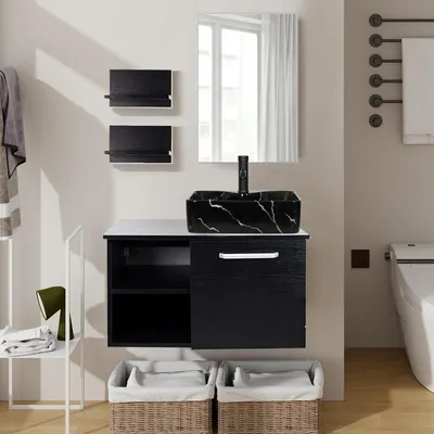 Produktbild von Puluomis Badmöbel Set mit Waschbecken Waschbeckenunterschrank mit Waschbecken Waschtisch Unterschrank mit Spiegel badezimmer Küche Keramik schwarz