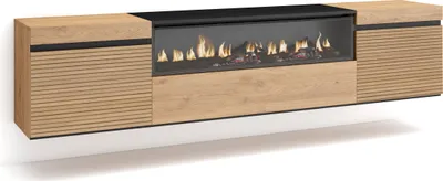 A modern, wall-mounted TV cabinet with a built-in electric fireplace.