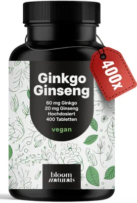 Produktbild von Bloom Naturals Ginkgo + Ginseng Tabletten, 400 Stück, vegan