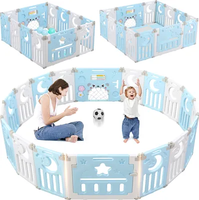 Produktbild von Dripex Laufgitter Laufstall Baby Absperrgitter 14-Paneele Schutzgitter Krabbelgitter für Kinder aus Kunststoff mit Tür und Spielzeugboard (Blau-Weiß)