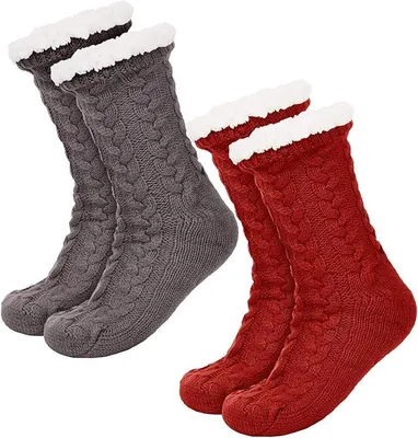 Produktbild von 2 Paar Damen-Socken Kuschelsocken, Strick, flauschige Socken, Fleece-gefüttert,Laufnoppen, Norweger Socken