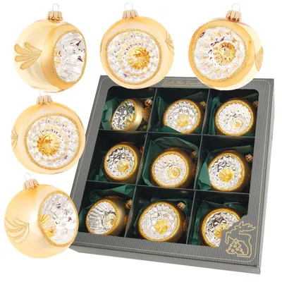 Produktbild von Krebs Glas Lauscha Weihnachtsbaumkugeln 9er Set - Reflexsortiment in Gold - aus Glas - ca. 8 cm