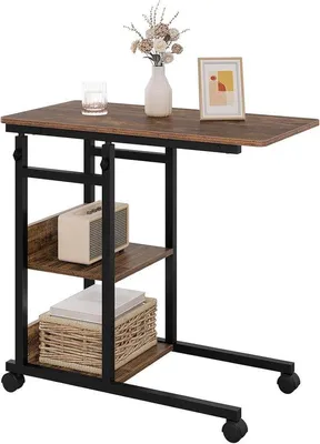 Produktbild von Famanu Beistelltisch C-förmig höhenverstellbar mit Rollen - Vintage Holzoptik und Schwarz