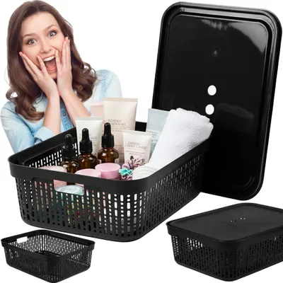 Image de Panier en plastique XL Boîte de vanité de salle de bain Container avec couvercle Noir