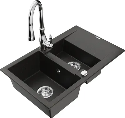 Produktbild von Mexen Gaspar 1,5-Becken-Granitspüle mit Abtropffläche und Mischbatterie Savita, Schwarz/Gold - 6507-75-672601-00