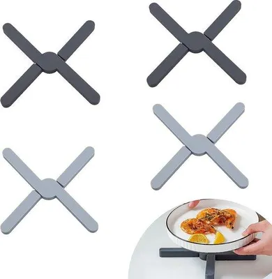 Produktbild von Unyqoos® 4er-Set faltbare Silikon-Topfuntersetzer, hitzebeständig bis 230°C, 19,5×19,5 / 19,5×3,3 cm, 1,3 cm, spülmaschinenfest, Schwarz/Grau