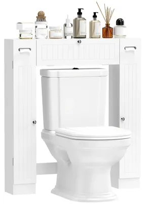 Image de Armoire de salle de bain - Meuble de rangement indépendant pour salle de bain - 2 compartiments, tiroir rabattable, étagères réglables, bois, 88 x 18 x 98 cm - Blanc