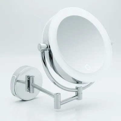 A close-up studio shot of a wall-mounted cosmetic mirror with LED lighting.