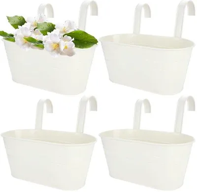 Produktbild von 4er-Set Metallene Balkonpflanzkübeln für über die Zaun, hängende Blumenschalen für draußen mit abnehmbaren Haken, große hängende Pflanzkübel für den Garten, Zaunpflanzen.