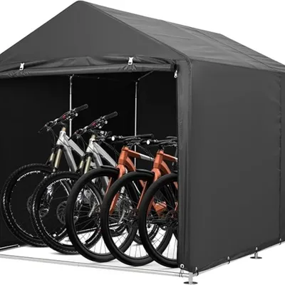 Immagine prodotto di Garage per biciclette - Tenda/riparo - Impermeabile 420D - Per 3 biciclette - Tetto a triangolo - Resistente alle intemperie - Per uso esterno - Rosso