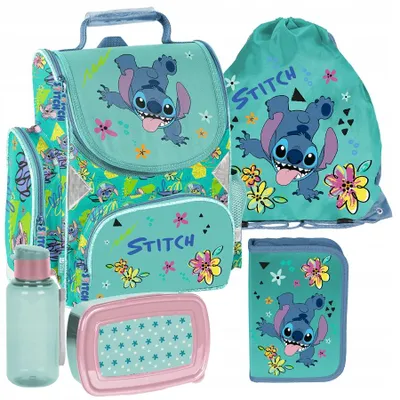Produktbild von Schulrucksack Mädchen Jungen Motiv LILO & STITCH 5 T Set Rucksack, Federmäppchen, Schuhbeutel, Trinkflasche, Frühstückstasche Mega-Set Paso STICZ