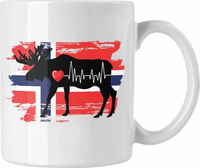 Produktbild von Trendation - Norwegen Elch Herzschlag Tasse Geschenk für Norwegen Liebhaber Hobby Geschenkidee (Weiß)
