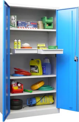 Produktbild von Stahlschrank - Vollblechtür - Zylinderschloss - 3 Einlegeböden, 2 Schubladen - 1.950x1.000x500 mm (HxBxT) - feuerrot/lichtblau