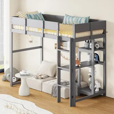 Immagine prodotto di Letto a castello 90x200 cm con ripiano, struttura in legno massello di pino, colore grigio, ideale per camerette per bambini e ragazzi