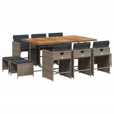 Produktbild von 11-tlg. Garten-Essgruppe mit Kissen Grau Poly Rattan