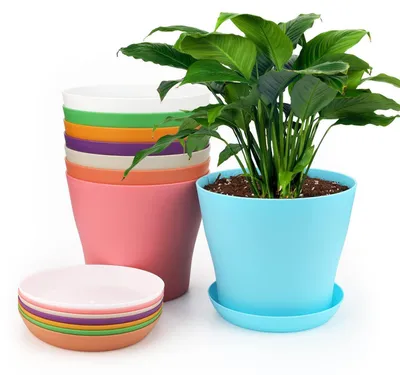 Image de 8 pots de fleurs avec soucoupes, diamètre 17 cm, multicolores, en plastique