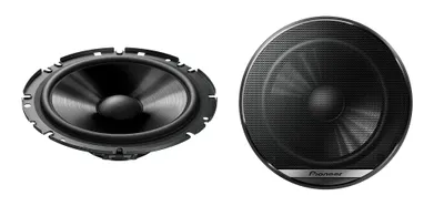 Two car speakers are shown against a white background. One speaker is shown from the side, and the other is shown from the front.