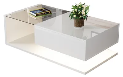 Imagen del producto de Mesa de centro blanca de alto brillo, con superficie de vidrio, efecto LED y diseño moderno
