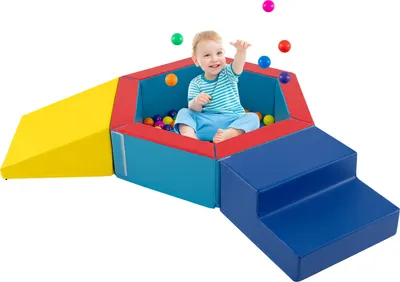 Produktbild von DREAMADE 3-teilige Schaumstoffbausteine für Kleinkinder, Indoor-Kletter- und Krabbelaktivitäts-Set mit Kunstleder, 100 bunten Bällen, ab 12 Monaten