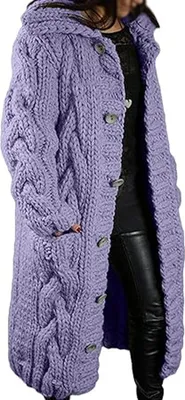 Obrázek produktu pro ASKSA Damen Strickjacke Grobstrick Casual Sweater Cardigan mit Knoepfen Oversize Strickcardigan, Lila, XL