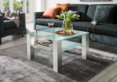 Produktbild von Couchtisch aus Glas Crash XS 15mm Ablage, Milchglas Gestell, Alu gebürstet