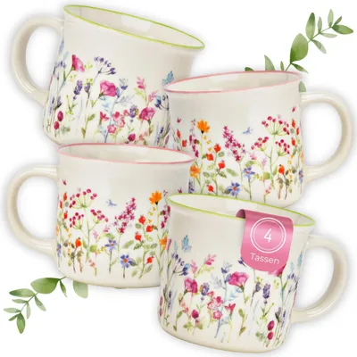 Productafbeelding van Set van 4 koffiekopjes met bloemenmotief - Porseleinen ontbijtkopjes, 355 ml