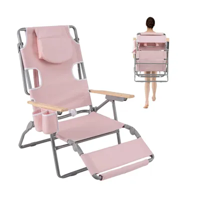 Immagine prodotto di COSTWAY Sedia da spiaggia pieghevole, sedia da campeggio con poggiapiedi, schienale regolabile, poggiatesta e portabicchieri, sedia pieghevole con funzione reclinabile Rosa